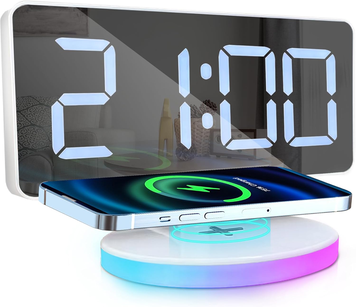 Reloj despertador digital con carga inalámbrica, espejo de escritorio, pantalla grande con luz RGB, alarma dual, repetición, cargador USB, atenuador