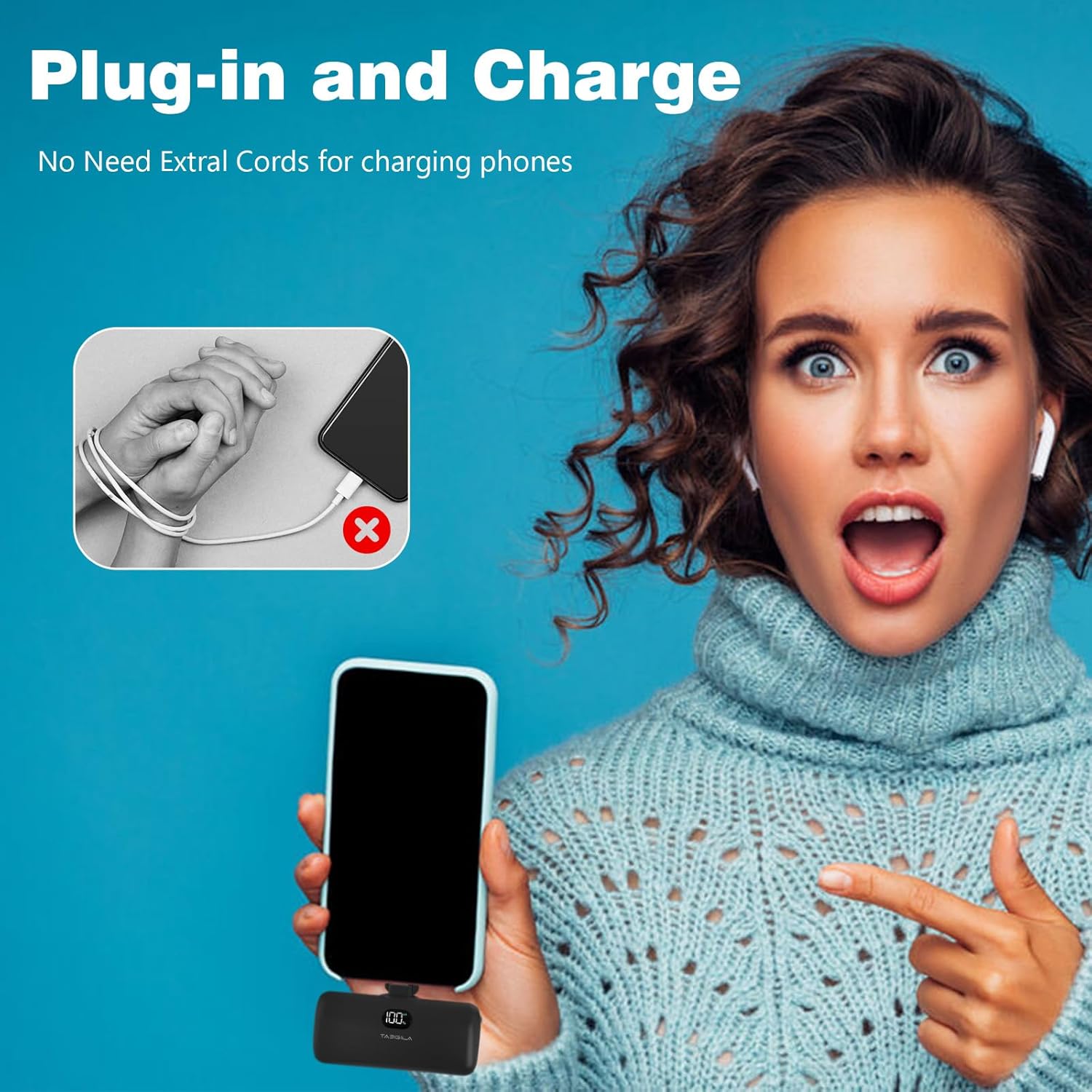 Taegila Cargador portátil pequeño para iPhone de 5000 mAh con cable integrado y soporte de metal, banco de energía compacto certificado MFi con