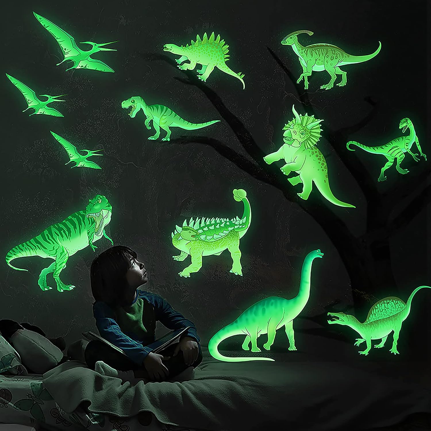 MESU Calcomanías de dinosaurio que brillan en la oscuridad, calcomanías de pared luminosas para decoración de techo para habitación de niños,