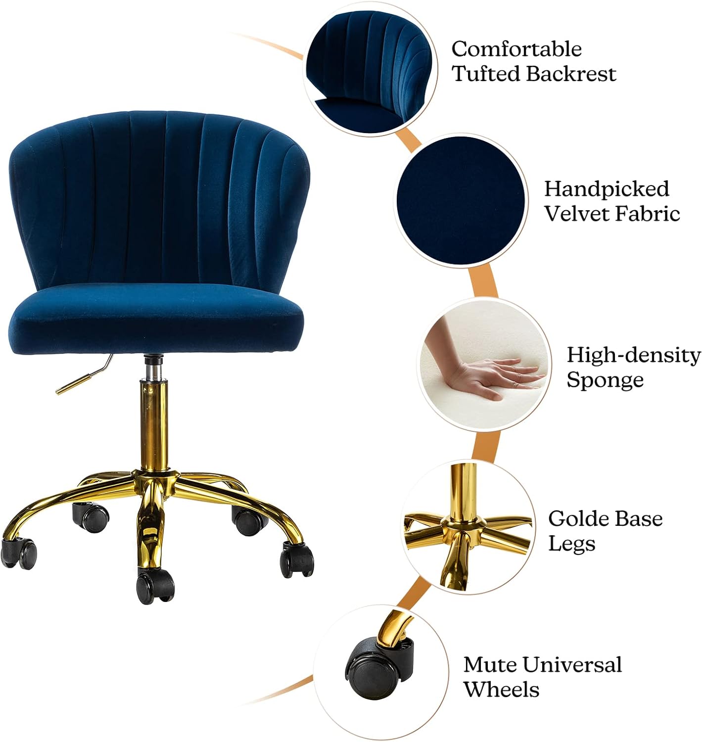 TINA’S HOME Sillas de escritorio de oficina con ruedas y base dorada, moderna silla de oficina sin brazos de terciopelo, silla giratoria ajustable