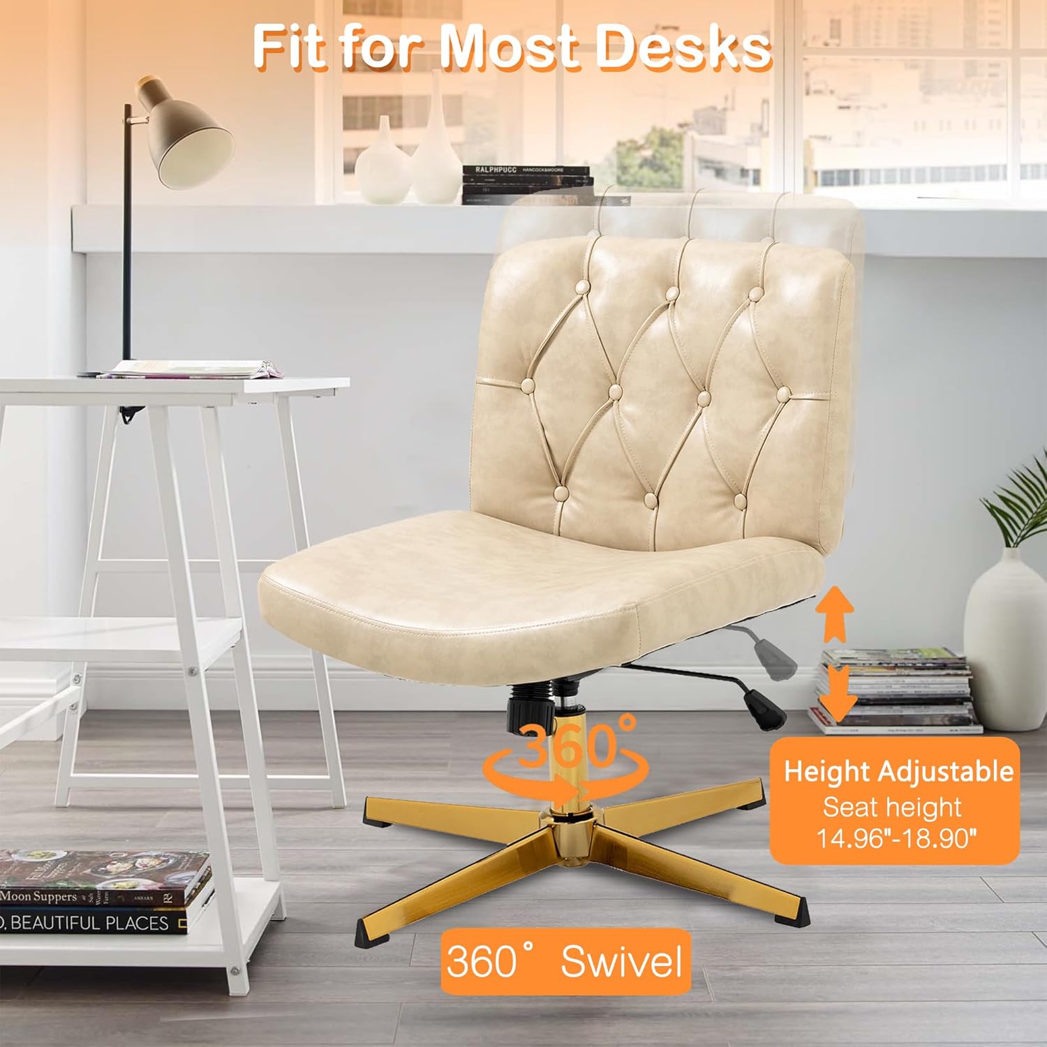HomVent Silla de escritorio de oficina sin brazos sin ruedas, silla de escritorio acolchada de piel sintética, moderna silla de escritorio
