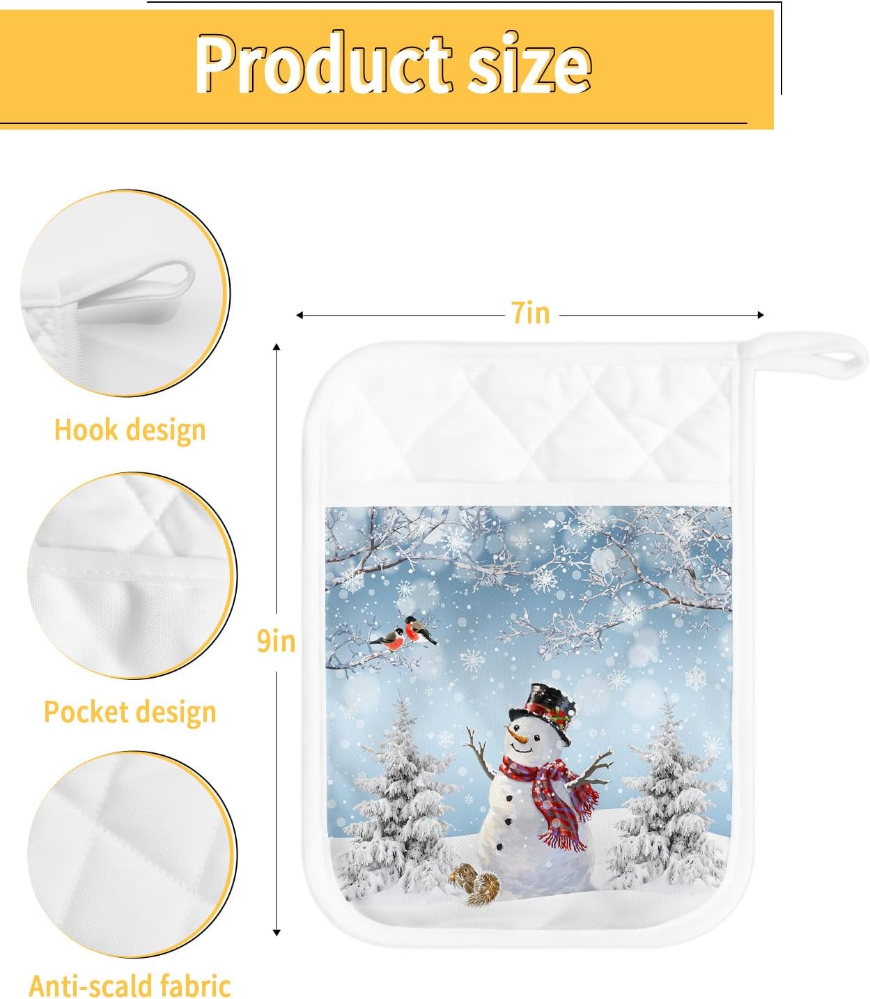 Winter Snowman 3Pcs Pot Holders for Kitchen,Non Slip & Heat Insulation Terry Cloth Potholder Set with Pocket,Thick Hot Pad Oven Mitts Trivet Coaster