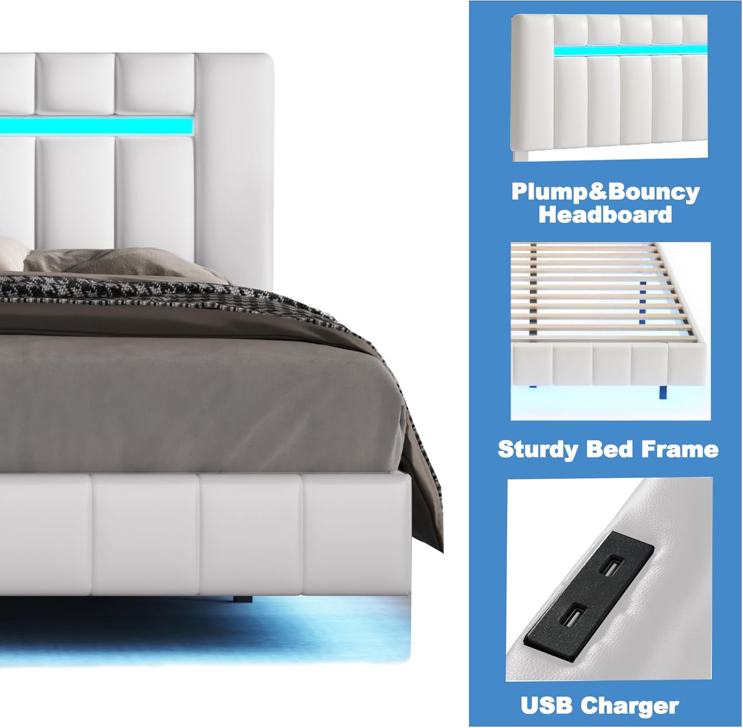 Linique Marco de cama flotante tamaño Queen con luces LED y carga USB, moderno marco de cama LED tapizado de poliuretano tamaño Queen, color blanco