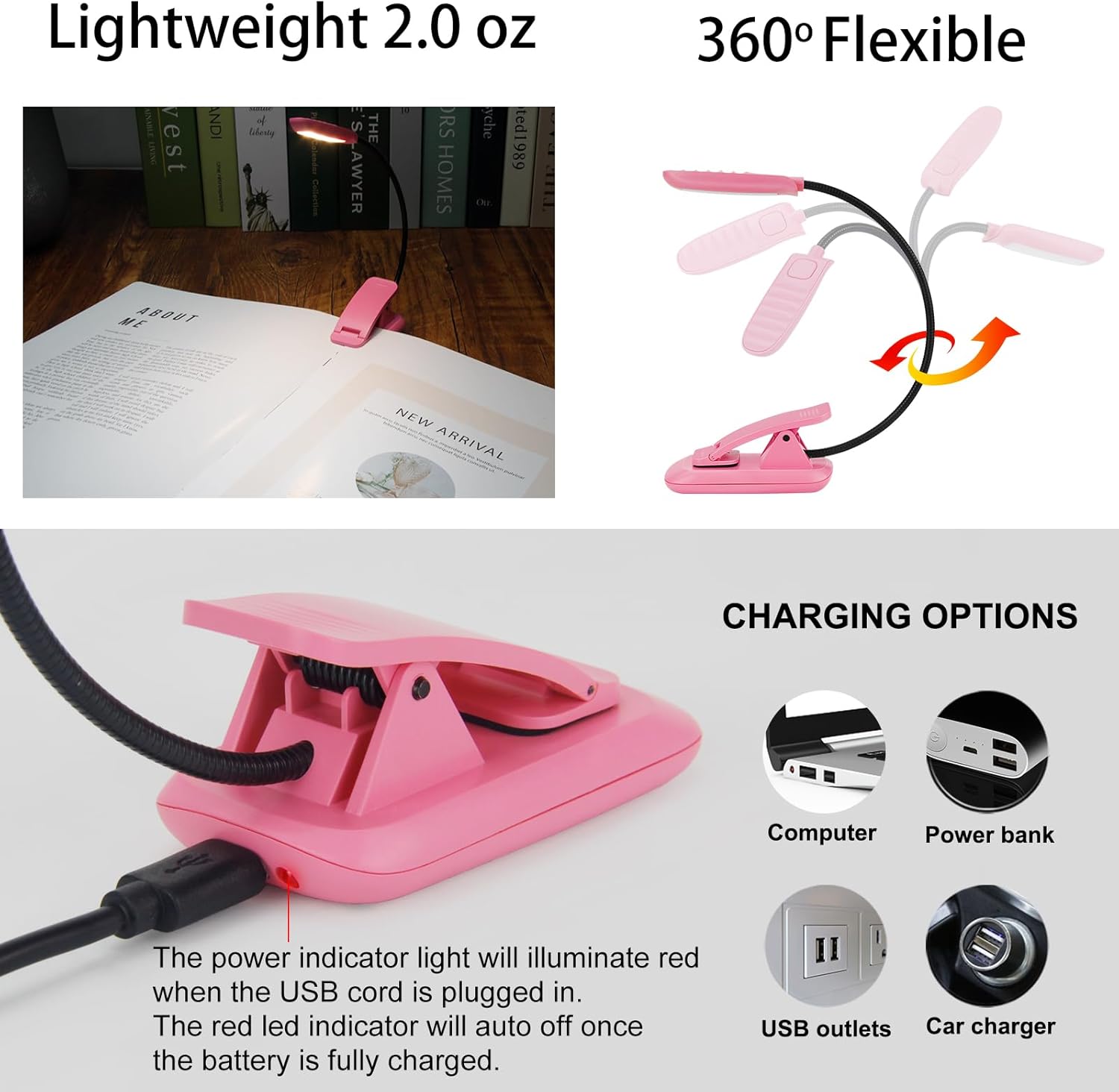 Luz recargable para leer en la cama, lámpara de lectura con brillo ajustable y giratoria de 360, lámpara de escritorio pequeña para el cuidado de