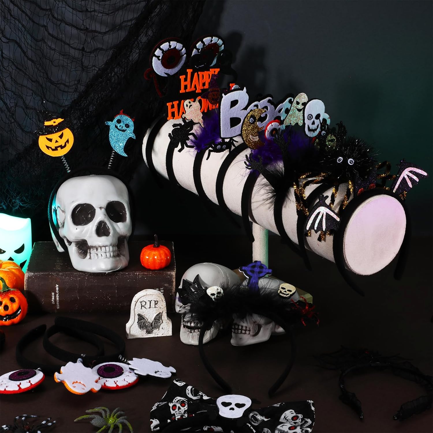 24 diademas de Halloween a granel, calavera, calabaza, bruja y araña, diademas de telaraña, globo ocular, murciélago, esqueleto para Halloween,
