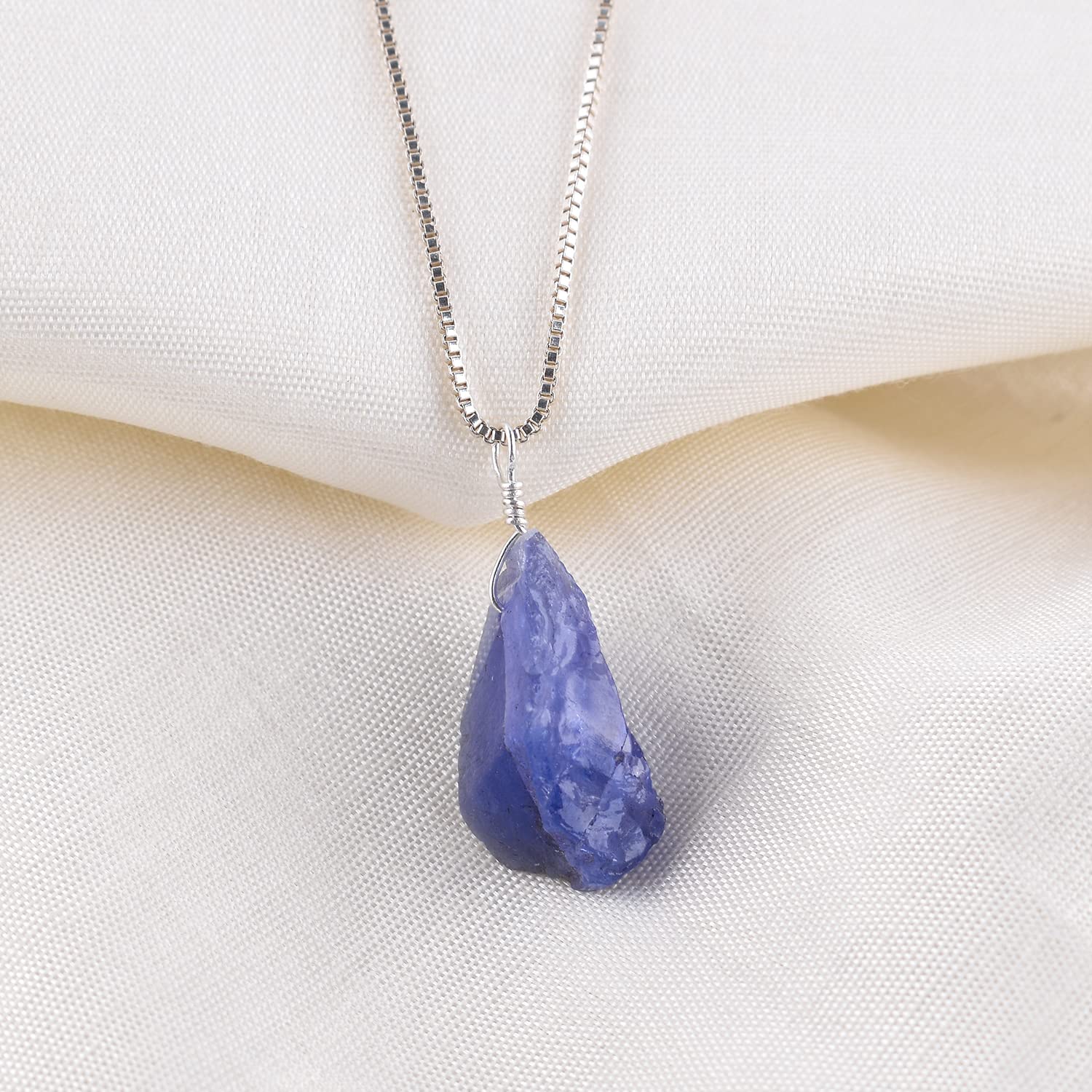 YANARA Natural Raw Purple Tanzanite Stone Rough Crystal Gemstone Women Handmade Pendant Necklace, Chakra Healing Crystals, Birthstone, Silver Plated