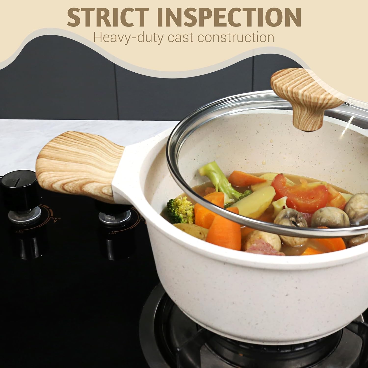 Wodillo Juego de ollas y sartenes antiadherentes, juego de utensilios de cocina de inducción beige, sartén saludable antiadherente para saltear y