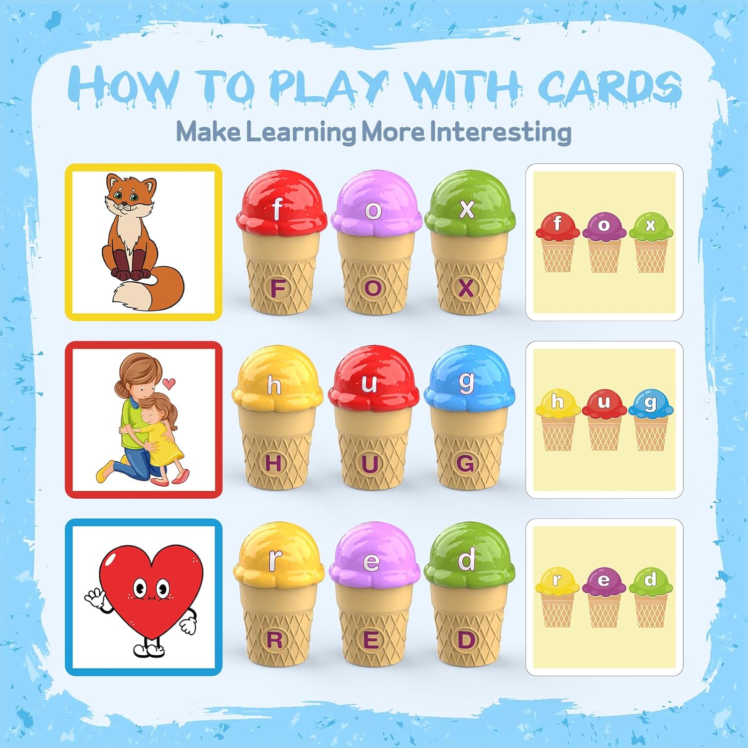 Juguetes de aprendizaje de helado del alfabeto, clasificación de color del alfabeto ABC, juguetes Montessori de cognición fónica para niños