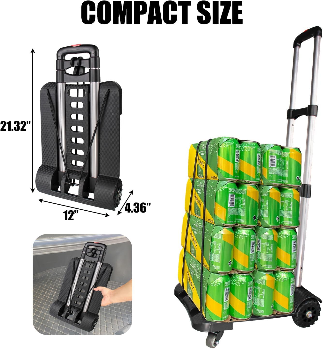 Camión de mano plegable, carrito ligero de aluminio con 2 ruedas delanteras giratorias completas y 2 ruedas traseras de tanque, carrito de equipaje
