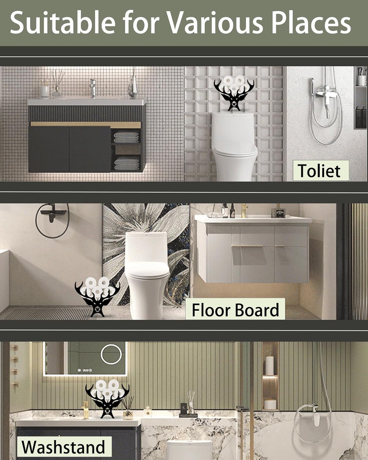 Antler – Soporte para rollo de papel higiénico de animales, soporte de metal negro para 8 rollos, estante de almacenamiento de rollos de papel,