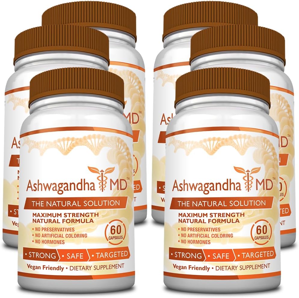 Ashwagandha MD con jengibre y bioperina. Reduce el estrés, mejora el estado de ánimo, mejora el sueño. Orgánico y vegano 60 cápsulas – 6 botellas –