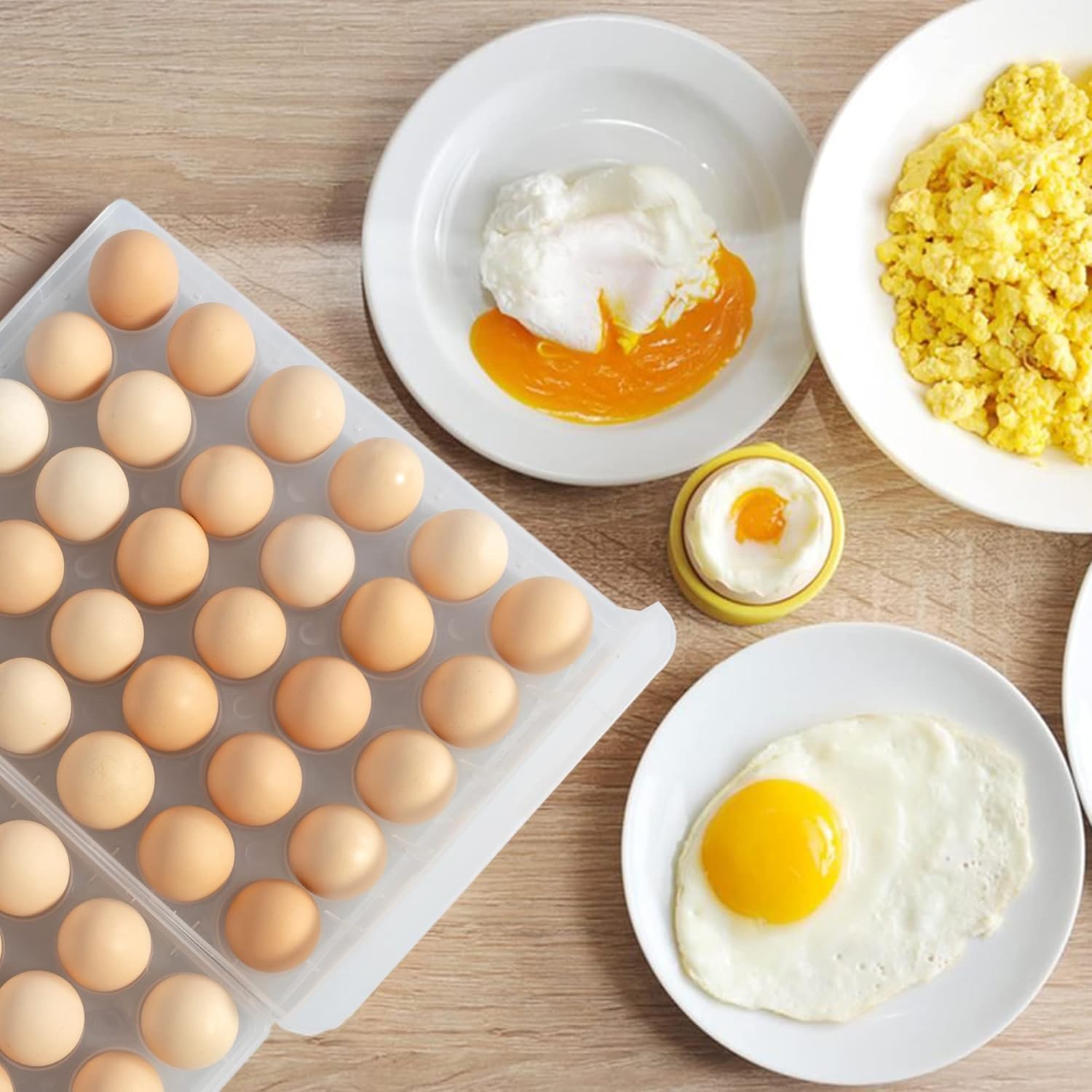 WAYTRIM Cajón de huevos de plástico para huevos, cesta de huevos, organizador de nevera con asas, contenedor de almacenamiento para refrigerador,