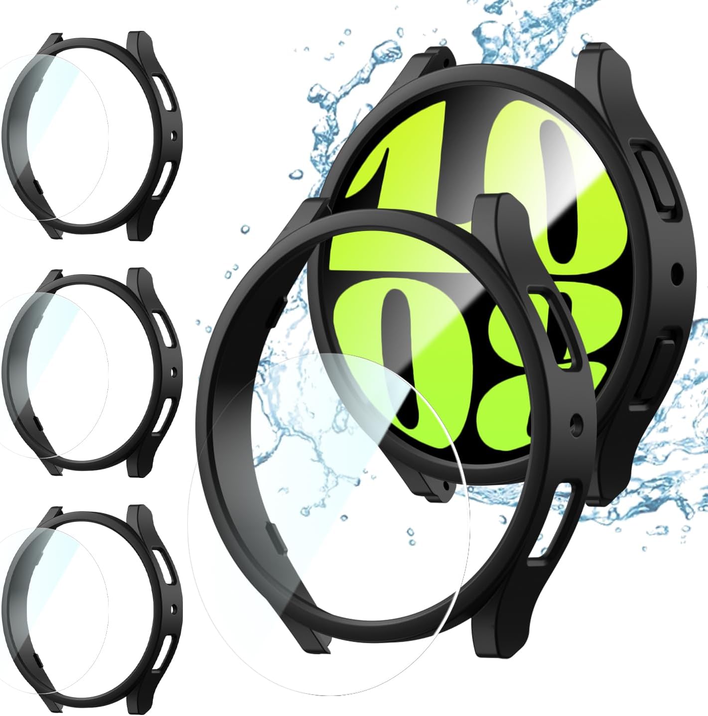 Paquete de 3+3 fundas protectoras de pantalla para Galaxy Watch 6 de 1.575 pulgadas, cubierta protectora de policarbonato duro con vidrio templado
