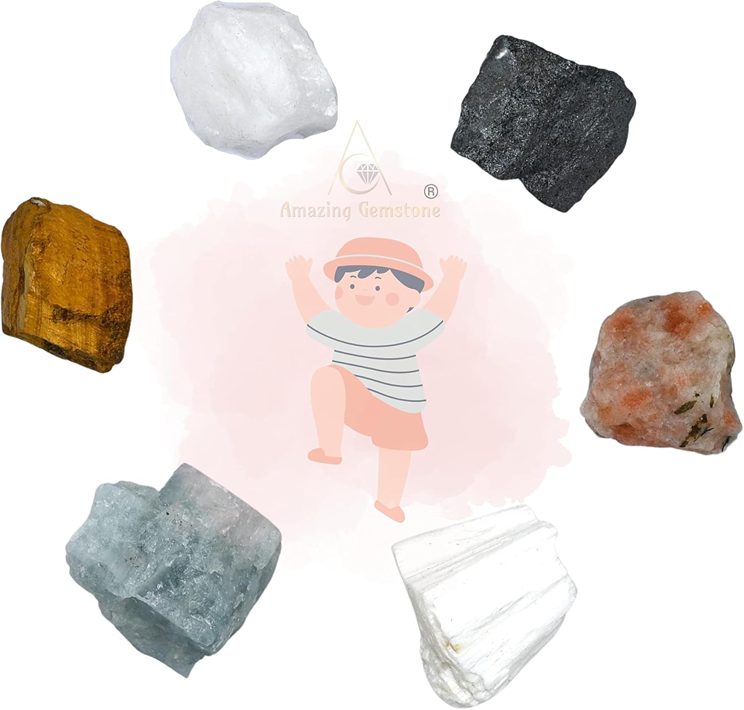 Cristales para niños, juego de 6 cristales curativos de ojo de tigre, aguamarina, cuarzo de nieve, hematita, escolecita y piedra solar