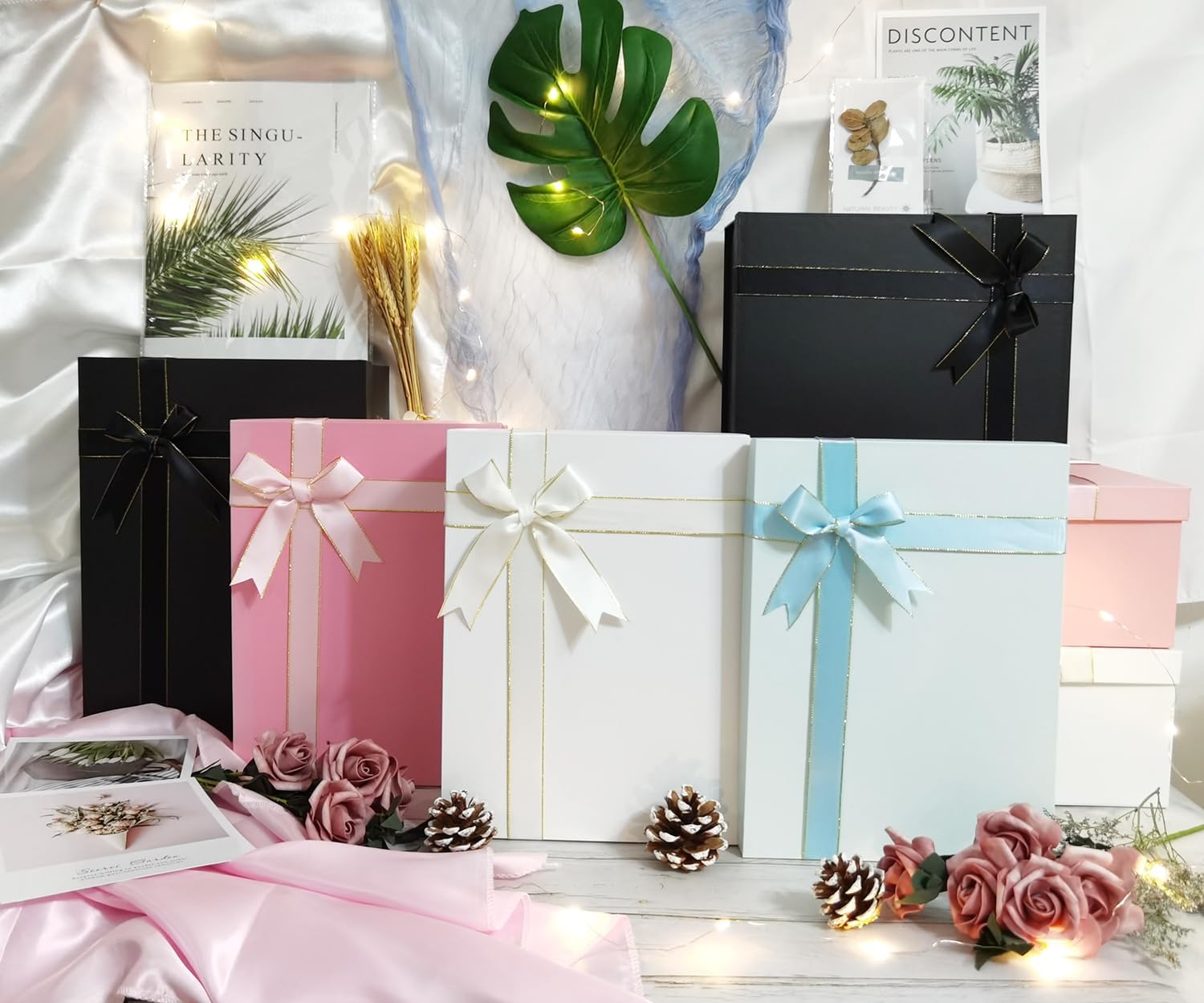 MYGOGOART Caja de regalo grande blanca de 13 x 10 x 5 pulgadas con tapa, lazo de cinta, relleno de papel de rafia triturado, tarjeta de felicitación