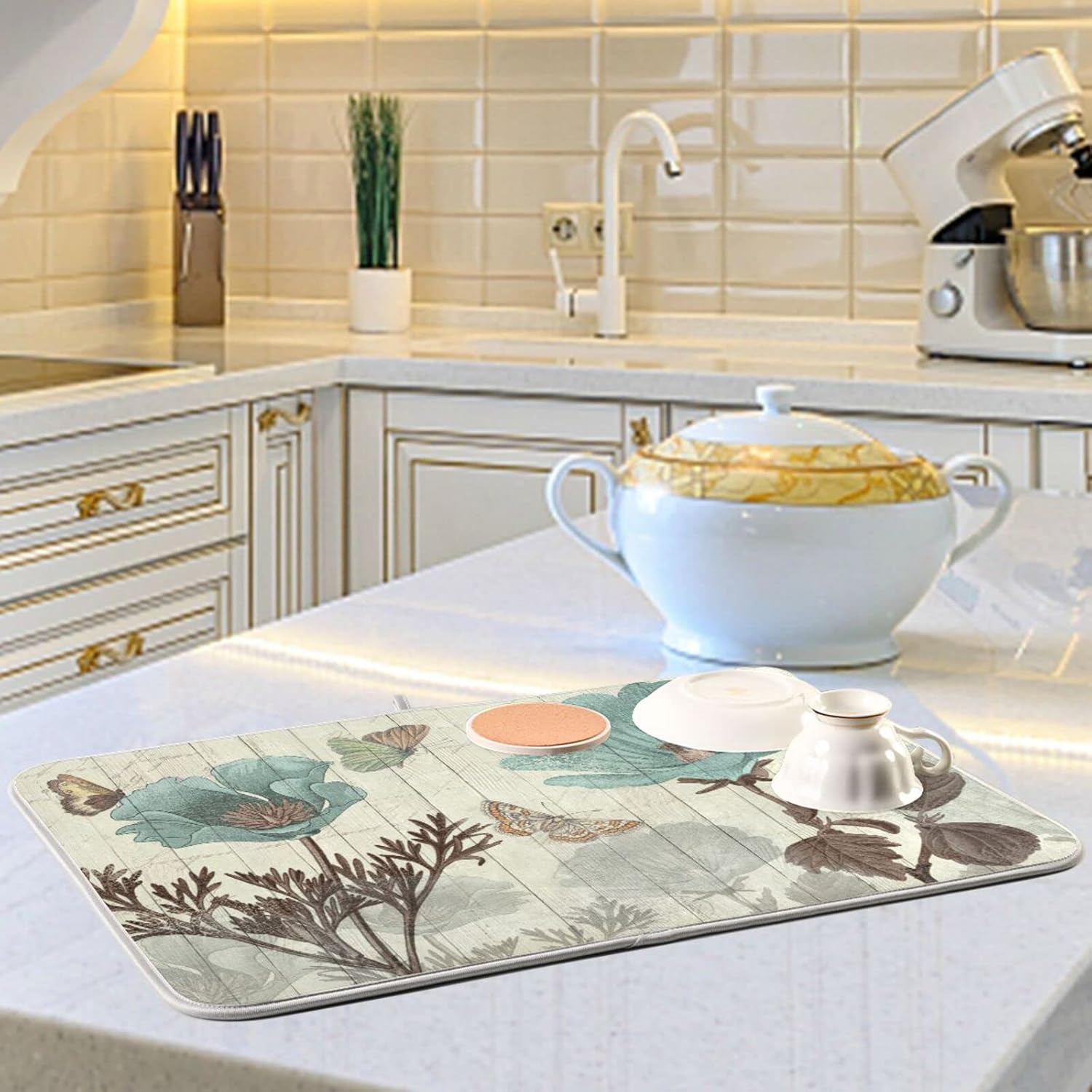 senya Tapete de secado de platos súper absorbente, microfibra de secado rápido, 24 x 18 pulgadas, almohadilla de cocina, diseño floral retro de
