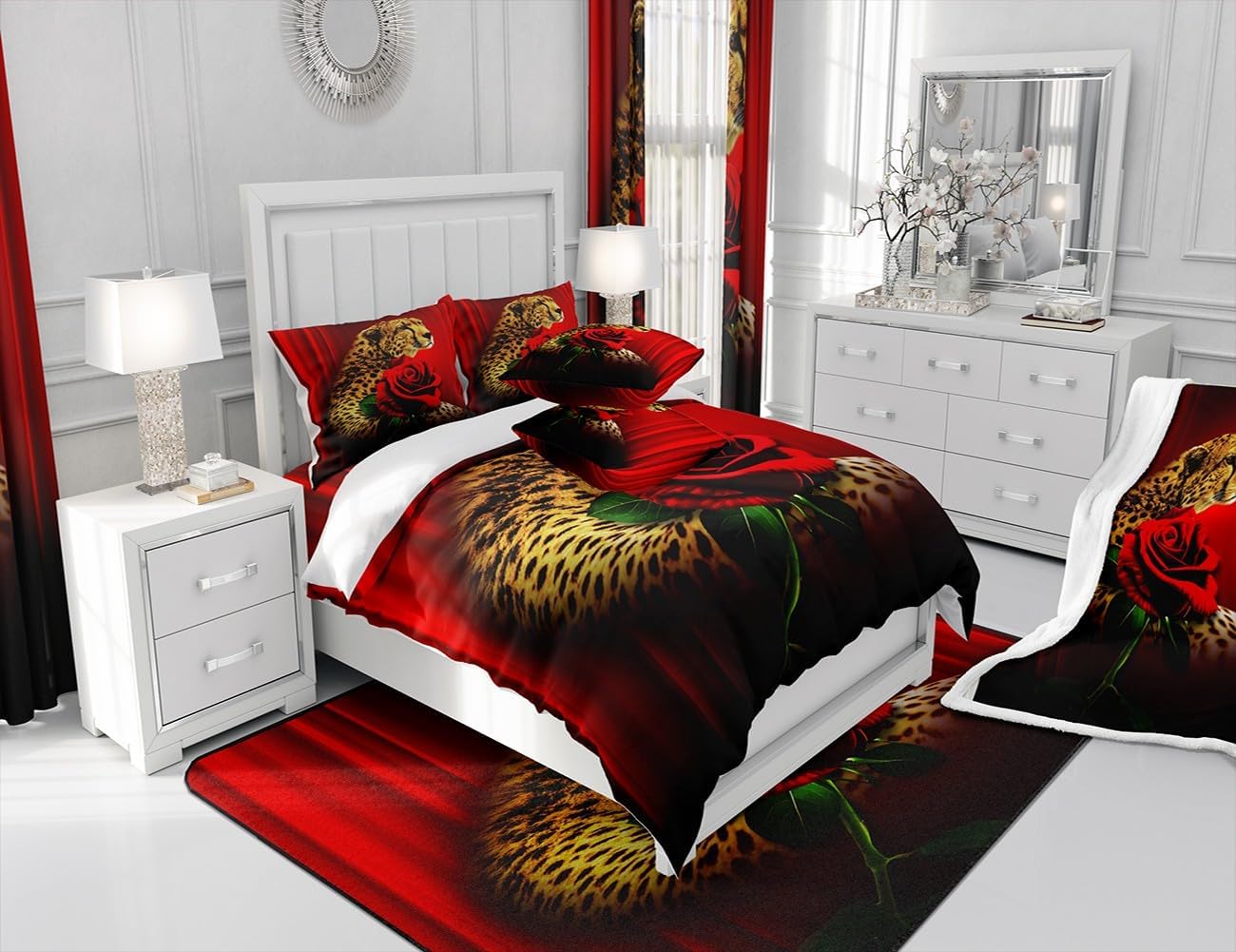 Erosebridal Juego de ropa de cama con diseño de rosa de guepardo, juego de edredón abstracto degradado, tamaño Queen, estampado de leopardo, flores,