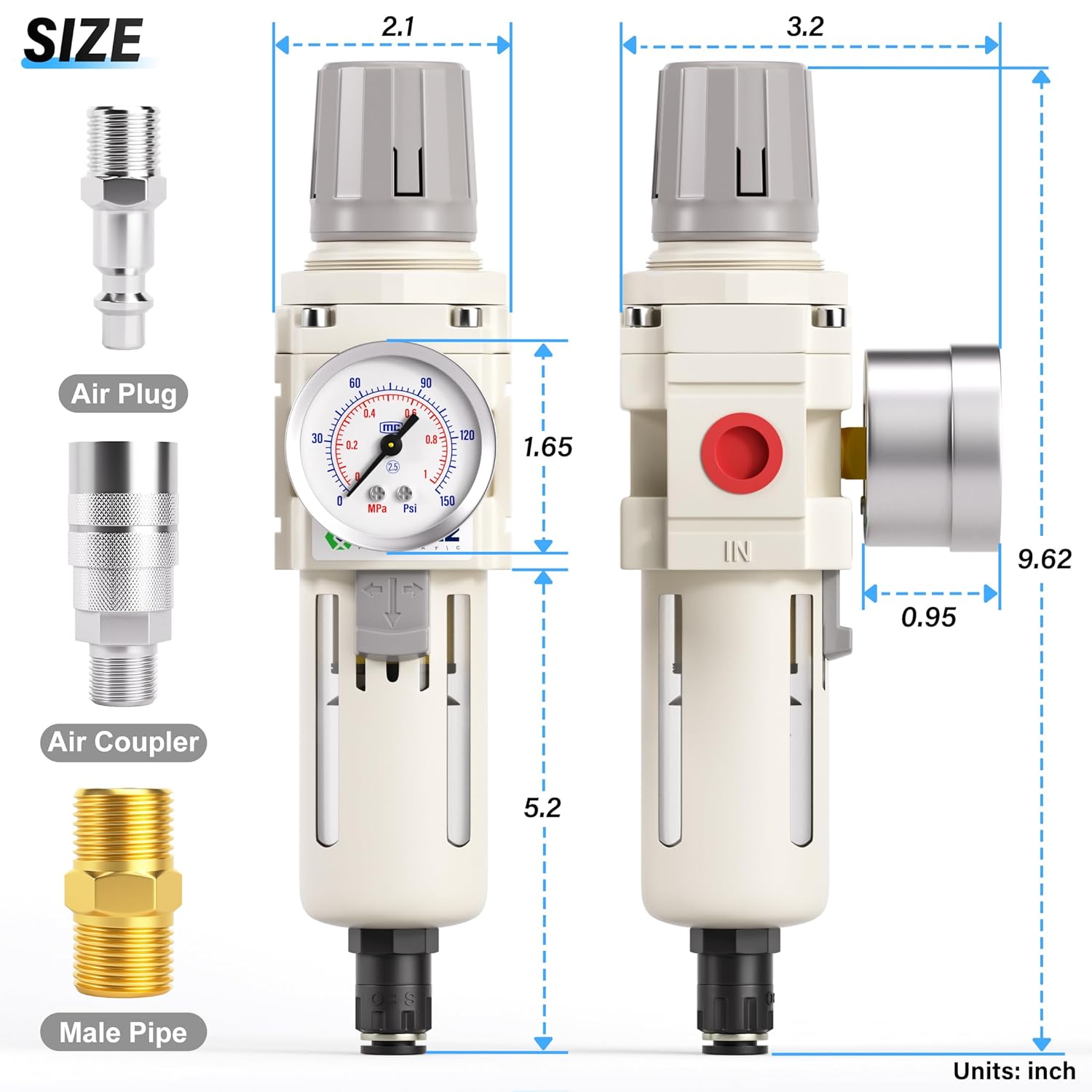 TAILONZ PNEUMATIC 38 pulgadas NPT filtro de aire de drenaje automático regulador de presión combinado Piggyback, filtro compresor herramienta de