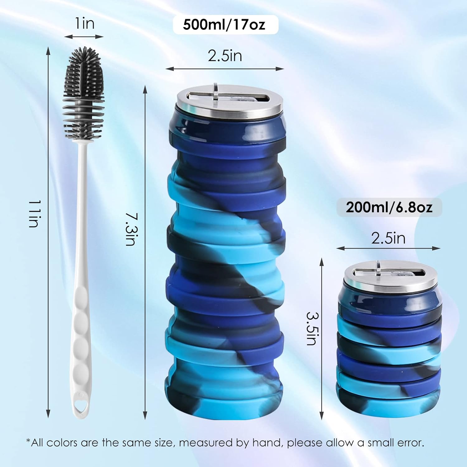 Botellas de agua plegables con cepillo de silicona  Botella de agua plegable de silicona con pajilla, botella de agua reutilizable para camping, a