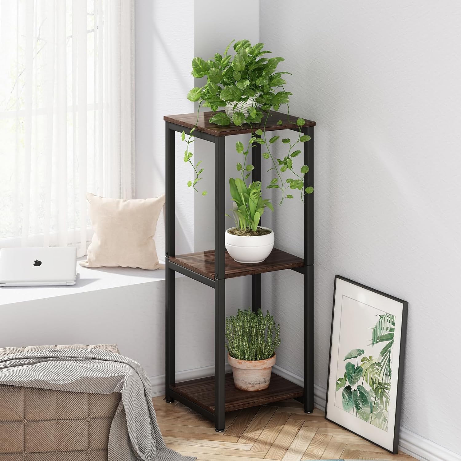 Soporte para plantas de interior de 3 niveles de alto, de metal, para almacenamiento de plantas, múltiples para sala de estar, balcón, jardín, roble