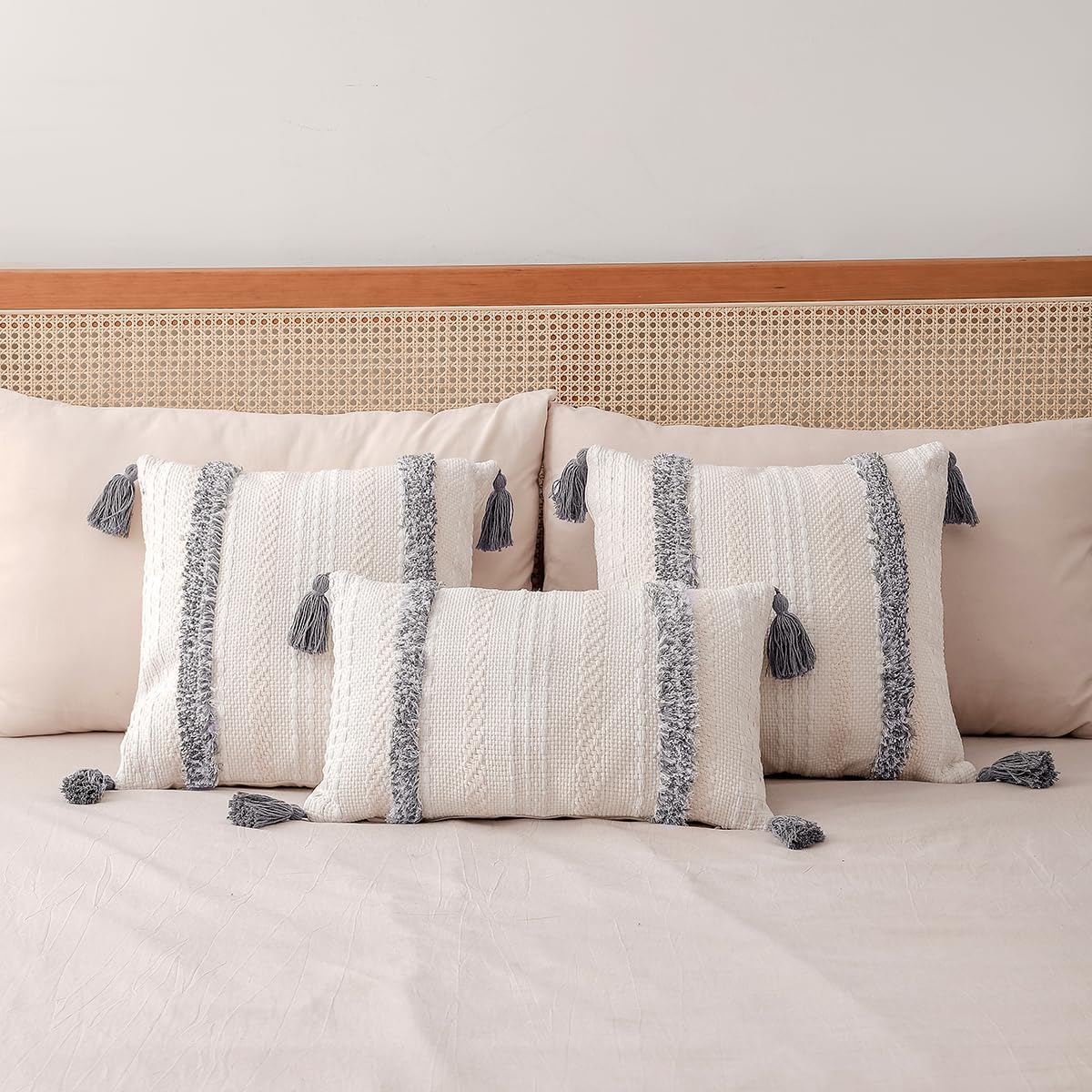 Juego de 2 fundas de almohada decorativas de algodón con borlas, estilo bohemio, copetudo, modernas, estilo campestre para sofá, 20 x 20 pulgadas,