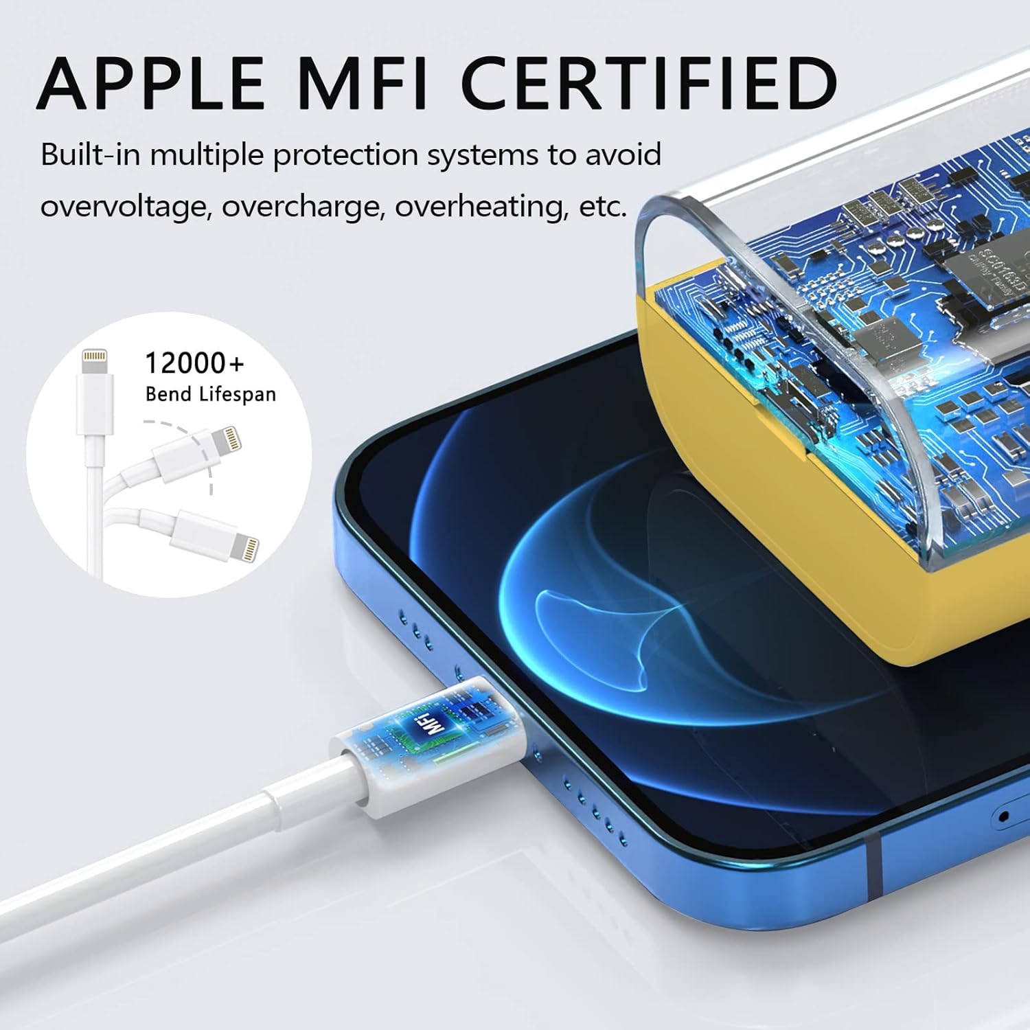 Paquete de 3 cargadores USB C, 20 W PD USB C adaptador de cargador rápido de pared con 3 unidades certificado MFi 6 pies tipo C a cable Lightning