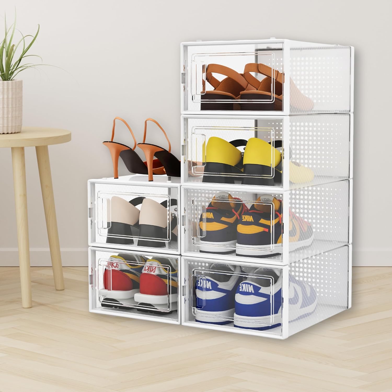 Contenedor transparente  Paquete de 6 cajas de zapatos de plástico transparente apilables, cajas de zapatos transparentes apilables  Contenedores