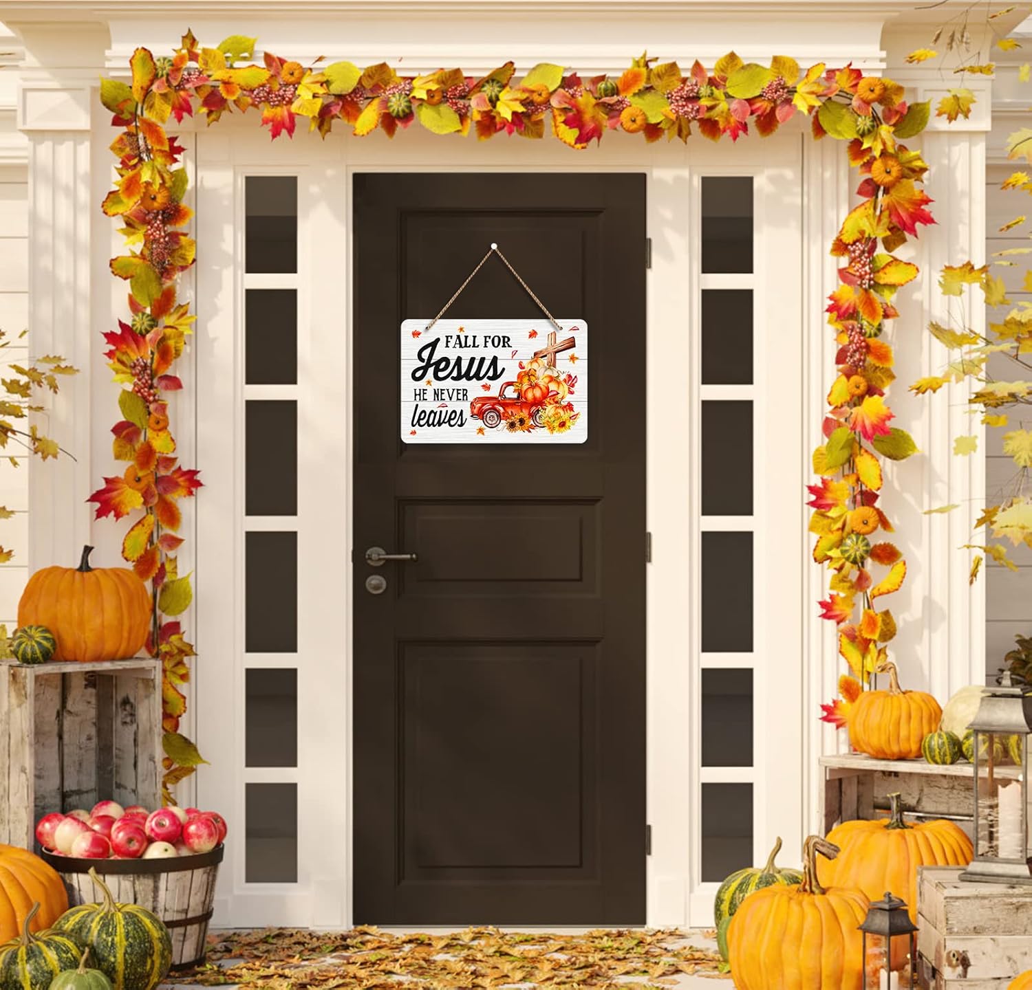 WhatSign Letrero decorativo con texto en inglés “Fall for Jesus He Never Lees” para el hogar, hojas de arce cristianas, calabaza, Jesús, decoración