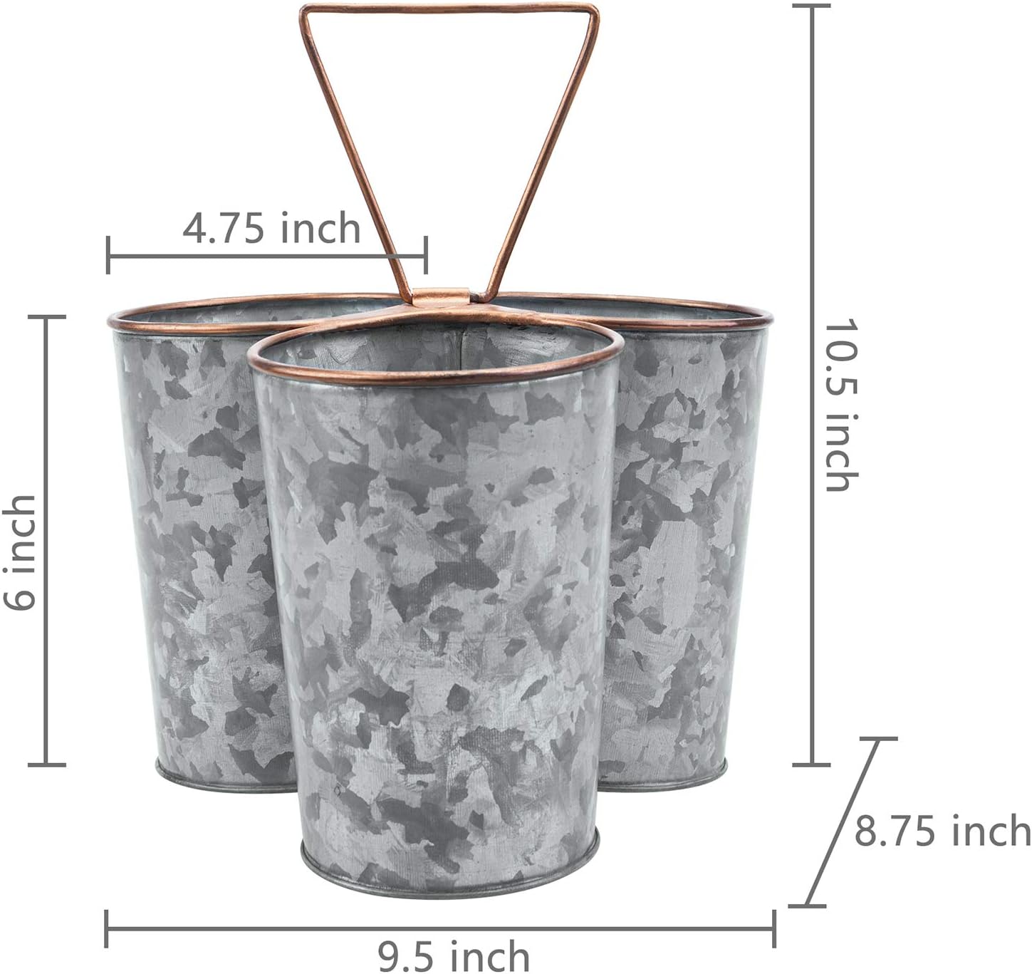 MyGift Organizador de utensilios de metal galvanizado con 3 compartimentos, borde y asa de cobre, almacenamiento de cubiertos para encimera,