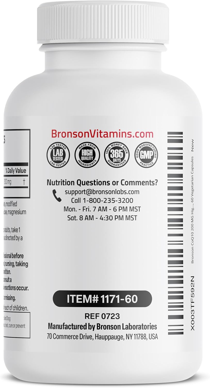 Bronson CoQ10 200 MG Producción de Energía Celular de Alta Potencia, 60 Cápsulas Vegetarianas