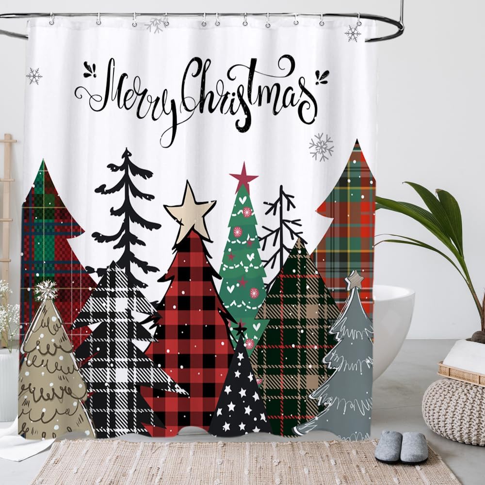Lofaris Cortina de ducha de árbol de Navidad, diseño de búfalo rojo, a cuadros, pino, copo de nieve, tela impermeable, vacaciones, invierno, Año