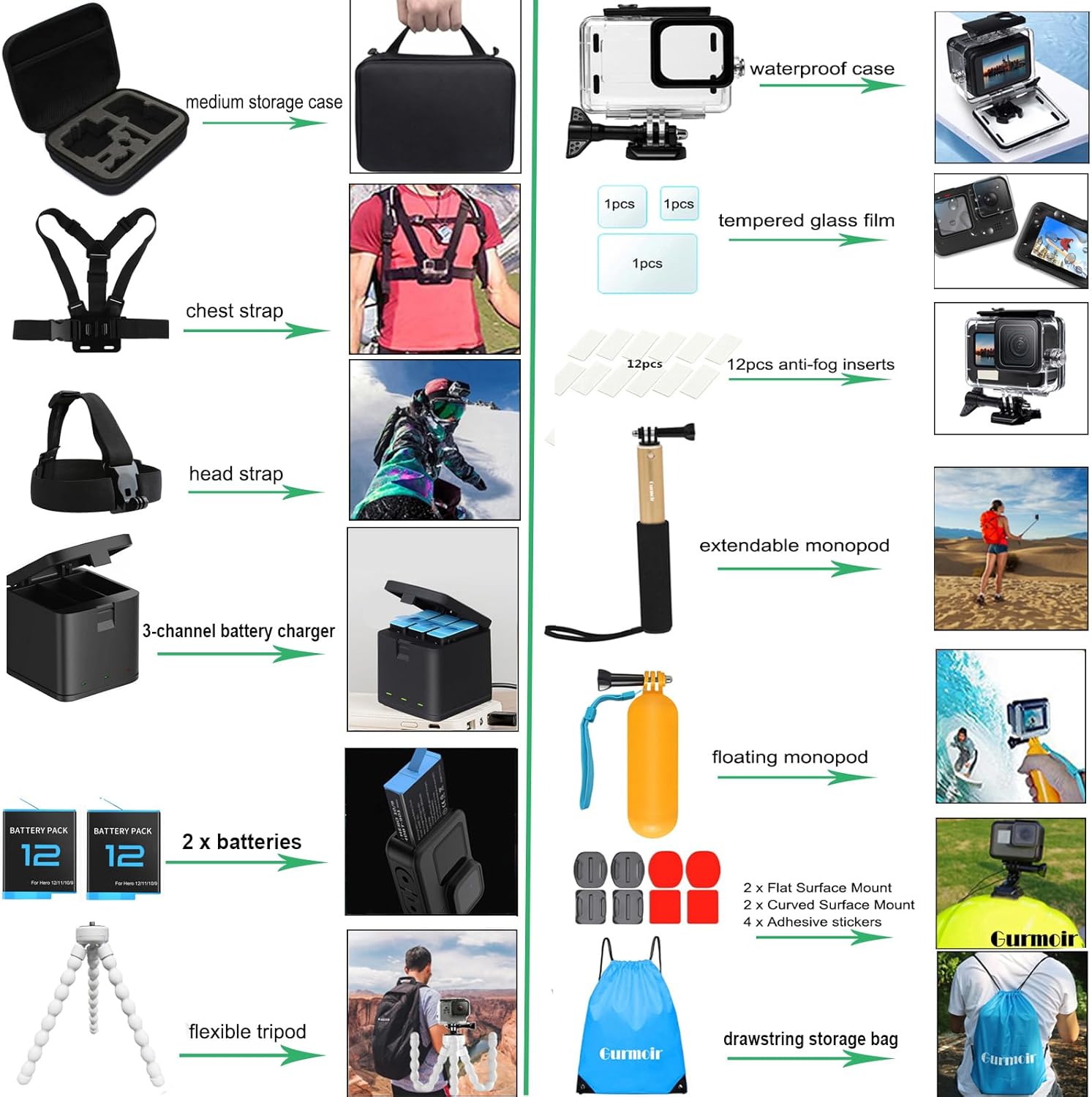 Gurmoir Hero – Kit de accesorios para cámara GoPro Hero 12 11 10 9 negro, 2 baterías de 3 canales, estación de carga impermeable para cámara Go Pro