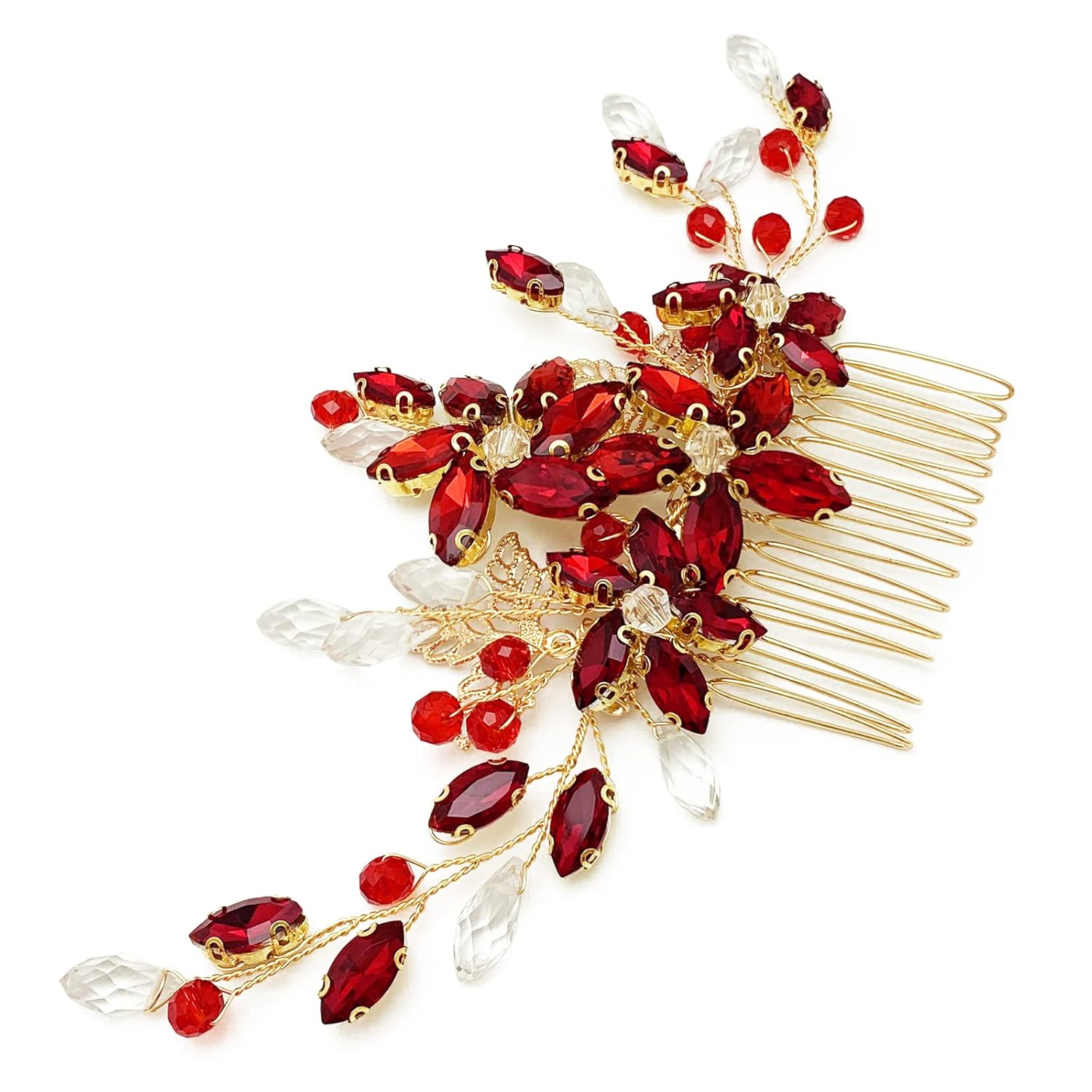 BETITETO Pieza de pelo de novia de cristal rojo con peine de flores de vid dorada, accesorios para el cabello para bodas, mujeres y niñas (dorado,