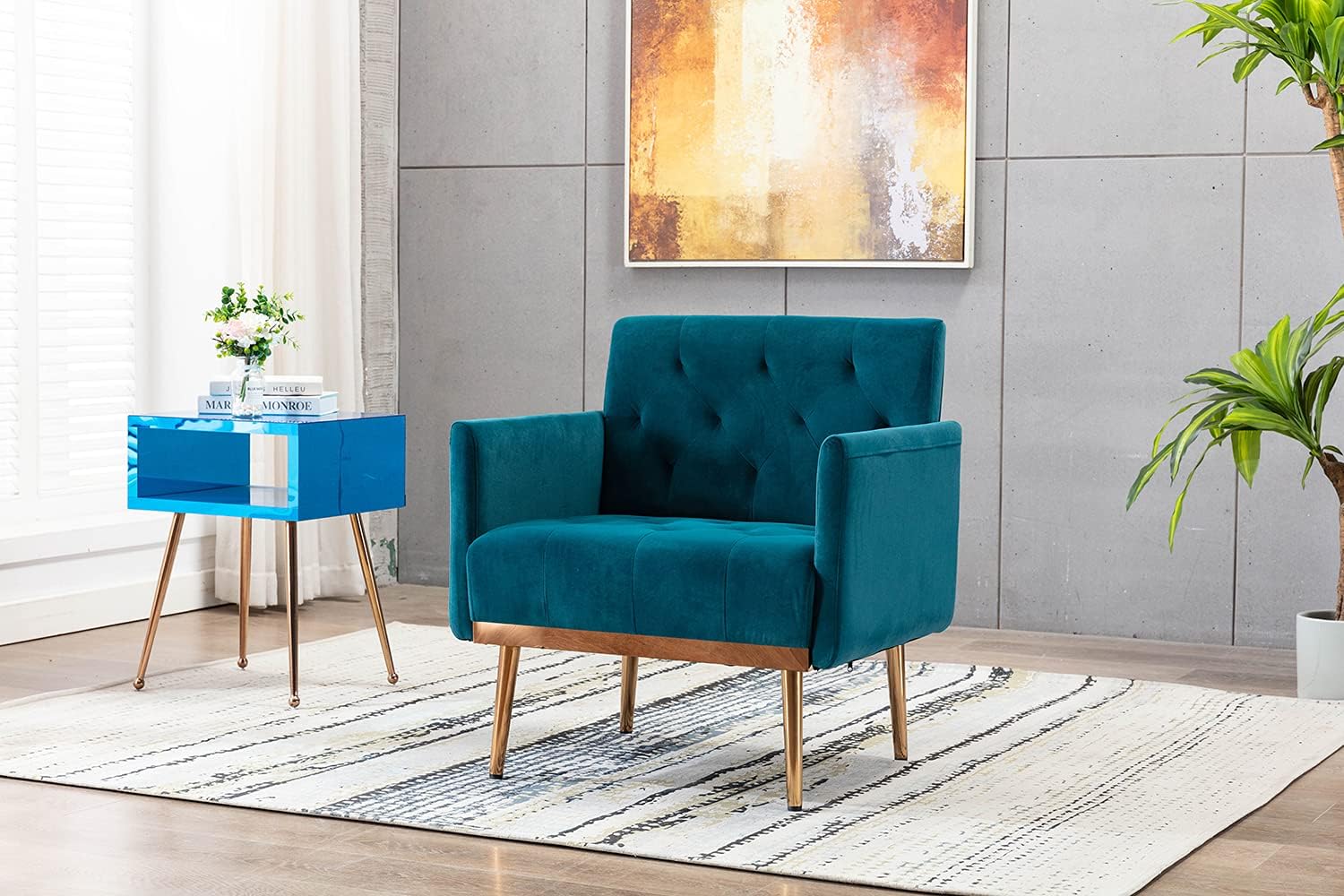 Silla sofá individual moderna de terciopelo, silla de decoración tapizada para la sala de estar, sillón cómodo con patas de metal dorado y rosa,