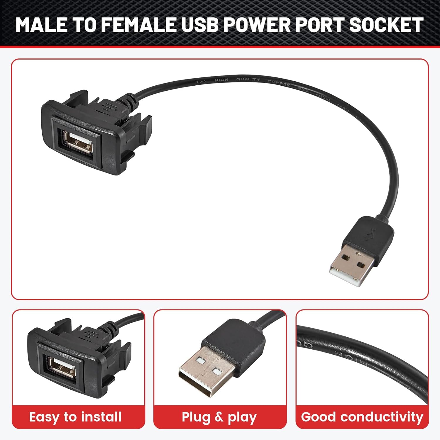 RED WOLF Adaptador de enchufe USB macho a hembra de 15.7 x 7.9 para Toyota 2003-2006 Hilux Vigo 4Runner Montaje empotrado Cuadrado USB Panel de