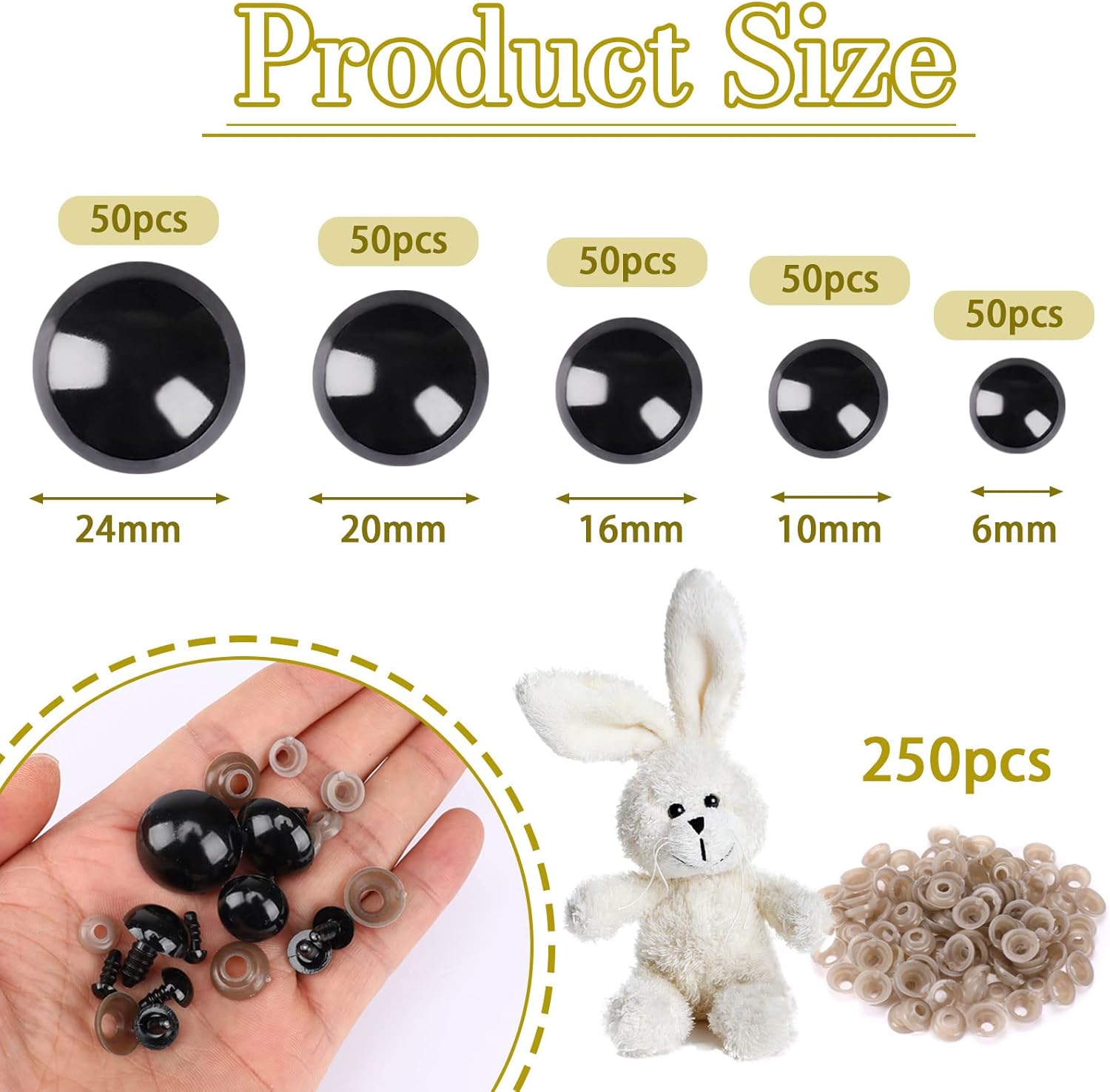 UPINS 500 piezas de ojos de seguridad de plástico negro de 6 a 0.945in con arandelas para ganchillo de animales, manualidades, fabricación de