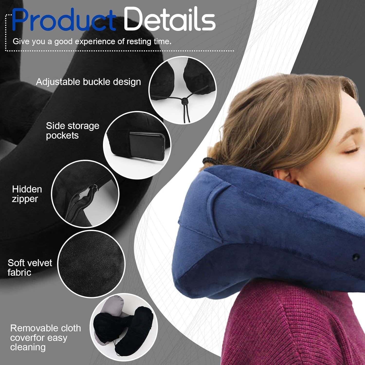 Almohada inflable de viaje con capucha y bolsa de almacenamiento, almohadas suaves para el cuello para viajar, almohada de apoyo para la cabeza del