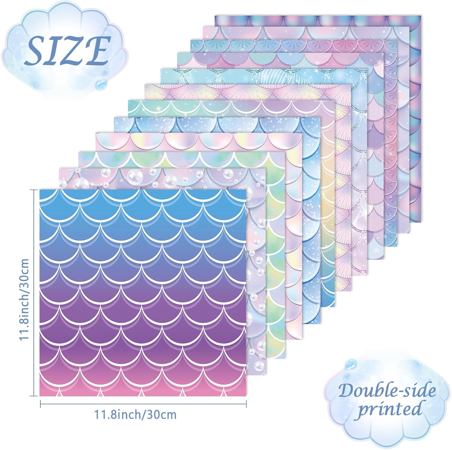 12 diseños de papel con patrón de escamas de sirena, 24 hojas, álbum de recortes de sirena de doble cara, papel de manualidades plegado plano para