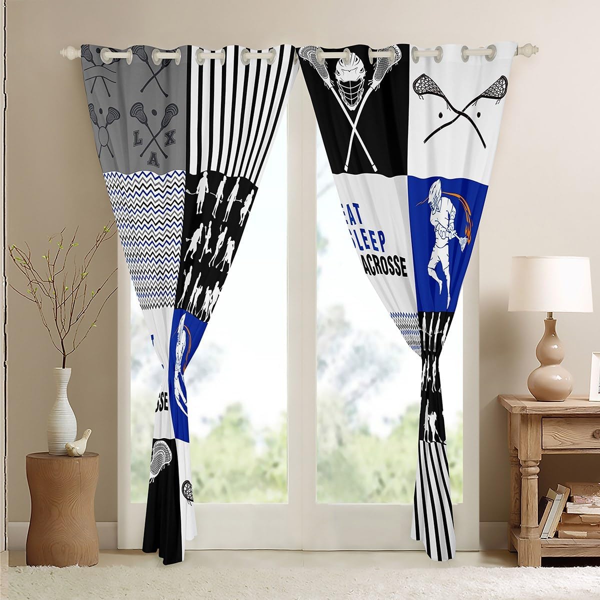 Erosebridal Cortinas opacas de lacrosse para niños, de 42 x 63 pulgadas, cortinas geométricas de retazos y cortinas para adolescentes, 2 paneles