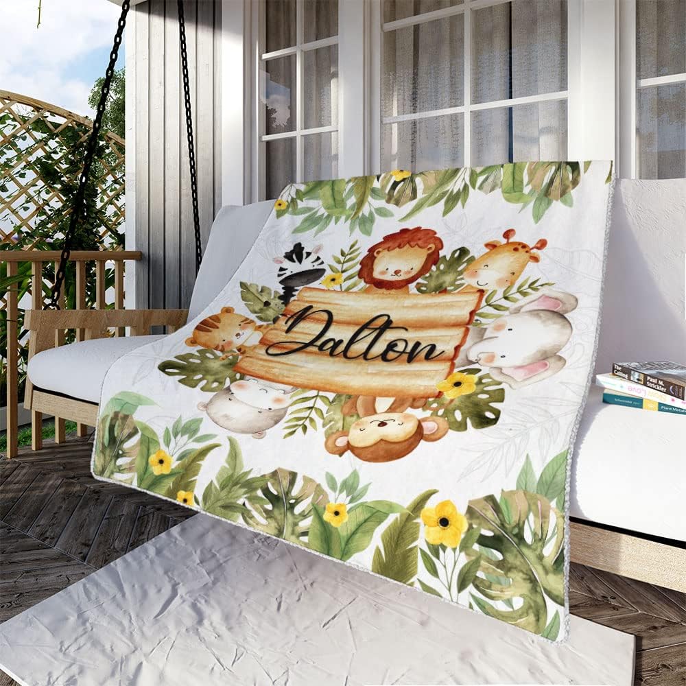 Manta personalizada con nombre, manta de safari personalizada de animales de la selva, regalo para recién nacidos, niños, niñas, niños, nieto,