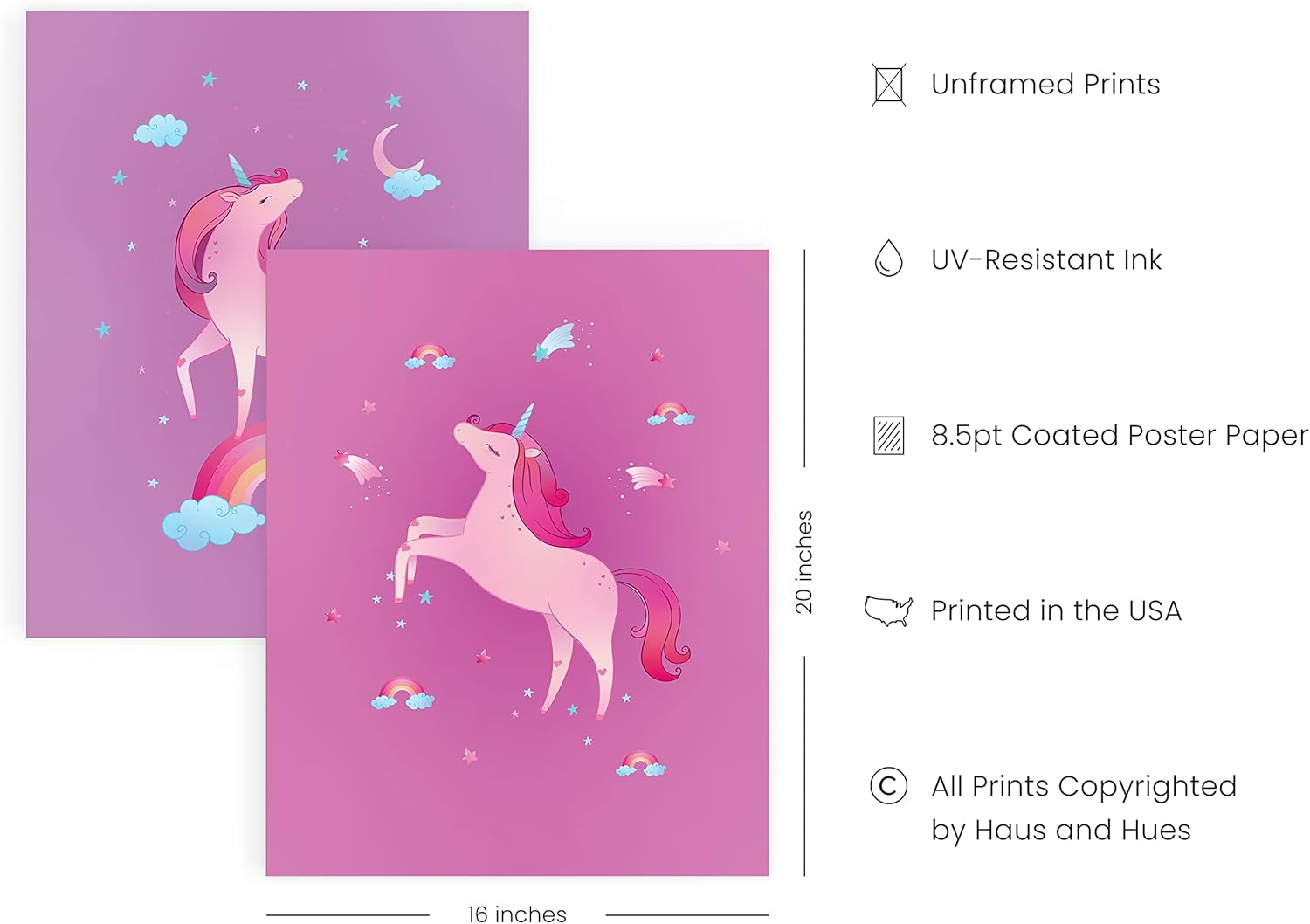 Haus and Hues – Juego de 4 impresiones artísticas de unicornio y arte pop, decoración de pared y pintura, decoración de unicornio y póster para