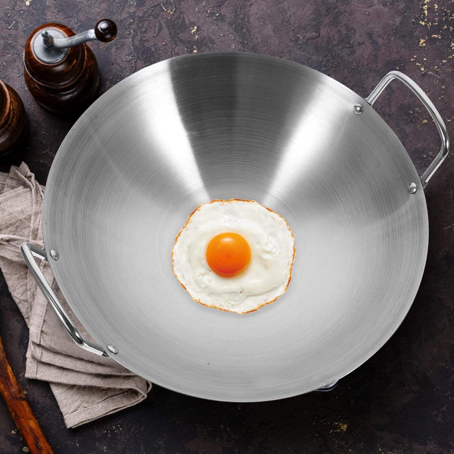 Luxshiny Sartén de acero inoxidable para wok, sartén de 10.2 in, estilo tradicional, utensilios de cocina antiadherentes con doble asa para