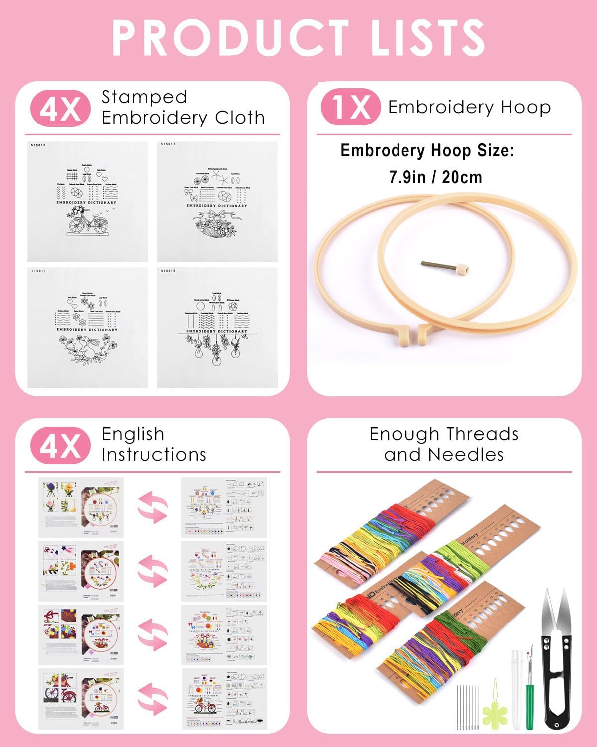 TINDTOP Kit de bordado para principiantes, paquete de 4 kits de práctica de punto de cruz para principiantes, incluye aros de tela de bordado, hilos