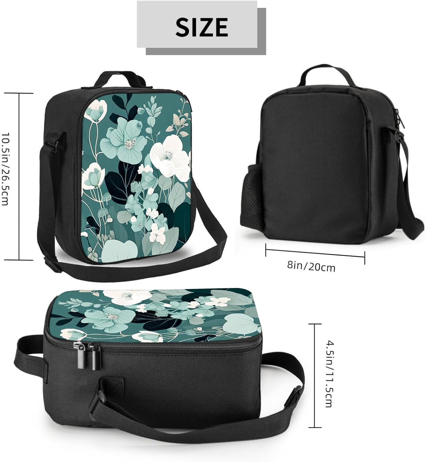 Lonchera con diseño de flores en color verde azulado claro, aislada, reutilizable, bolsa de almuerzo para mujeres y hombres, trabajo, picnic,