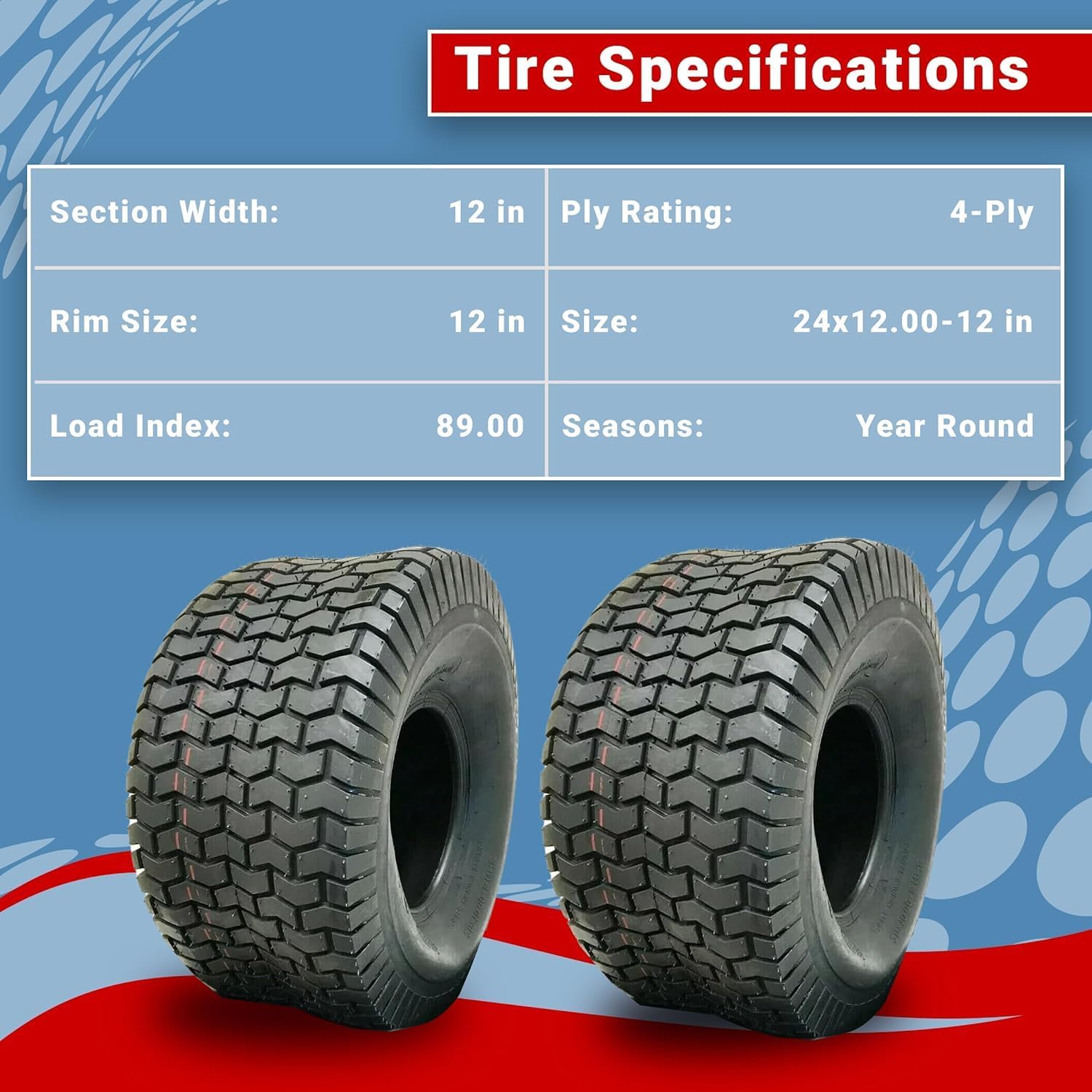 Dos neumáticos de tractor para cortacésped de 24 x 12.00-12 pulgadas, neumáticos traseros resistentes sin cámara de 24 x 12 x 12 pulgadas para una