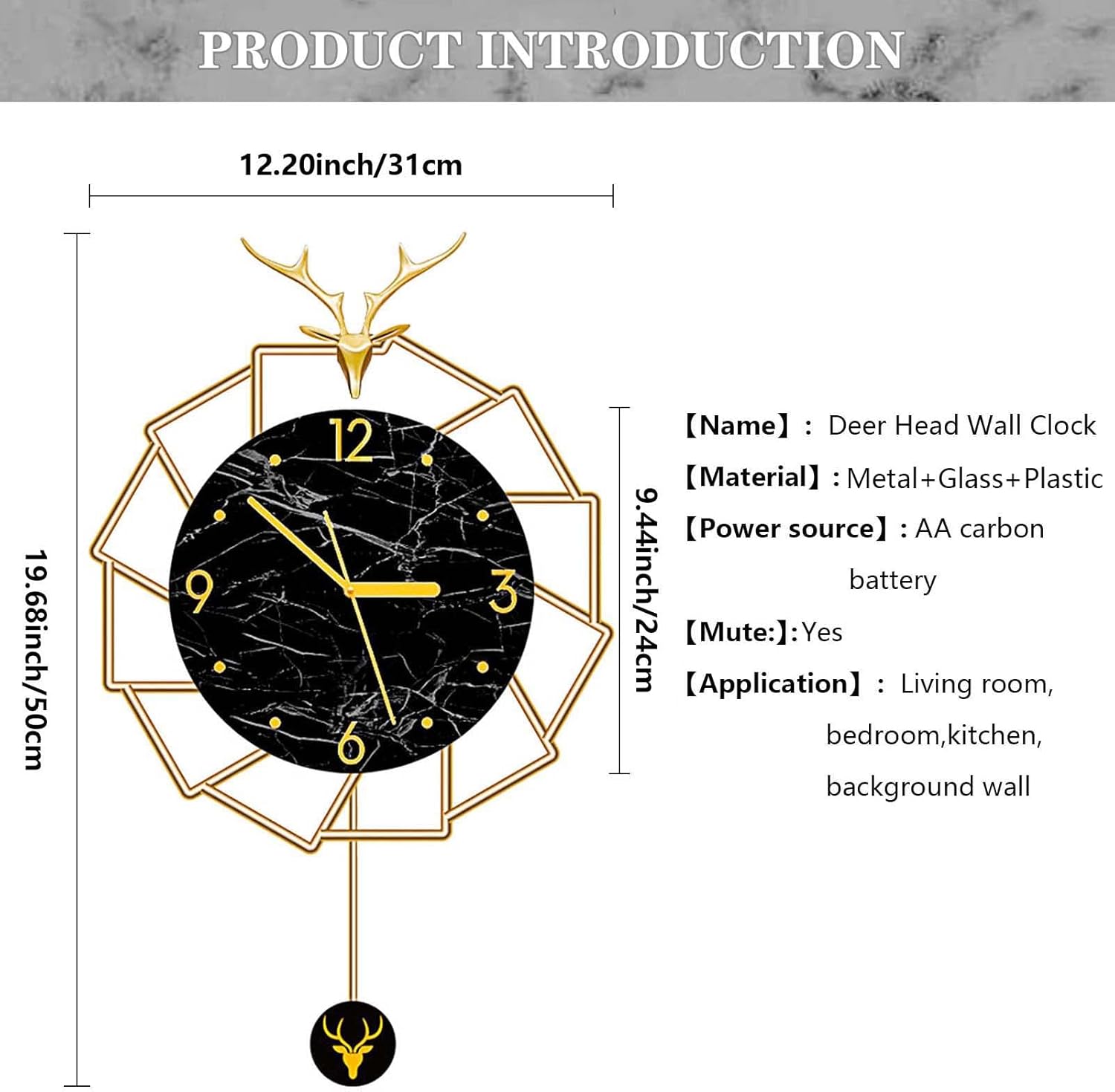 Reloj de pared moderno con decoración de péndulo, reloj de metal con cabeza de ciervo a pilas, reloj silencioso decoración de pared para sala de