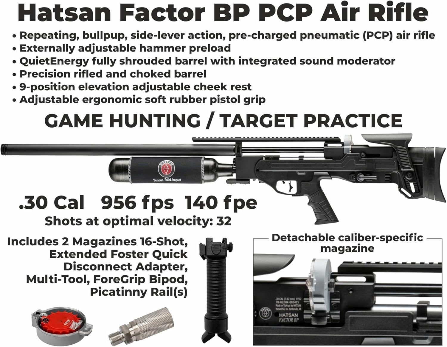 Hatsan Factor PCP – Rifle de aire de acción con palanca lateral con paquete Wearable4U incluido