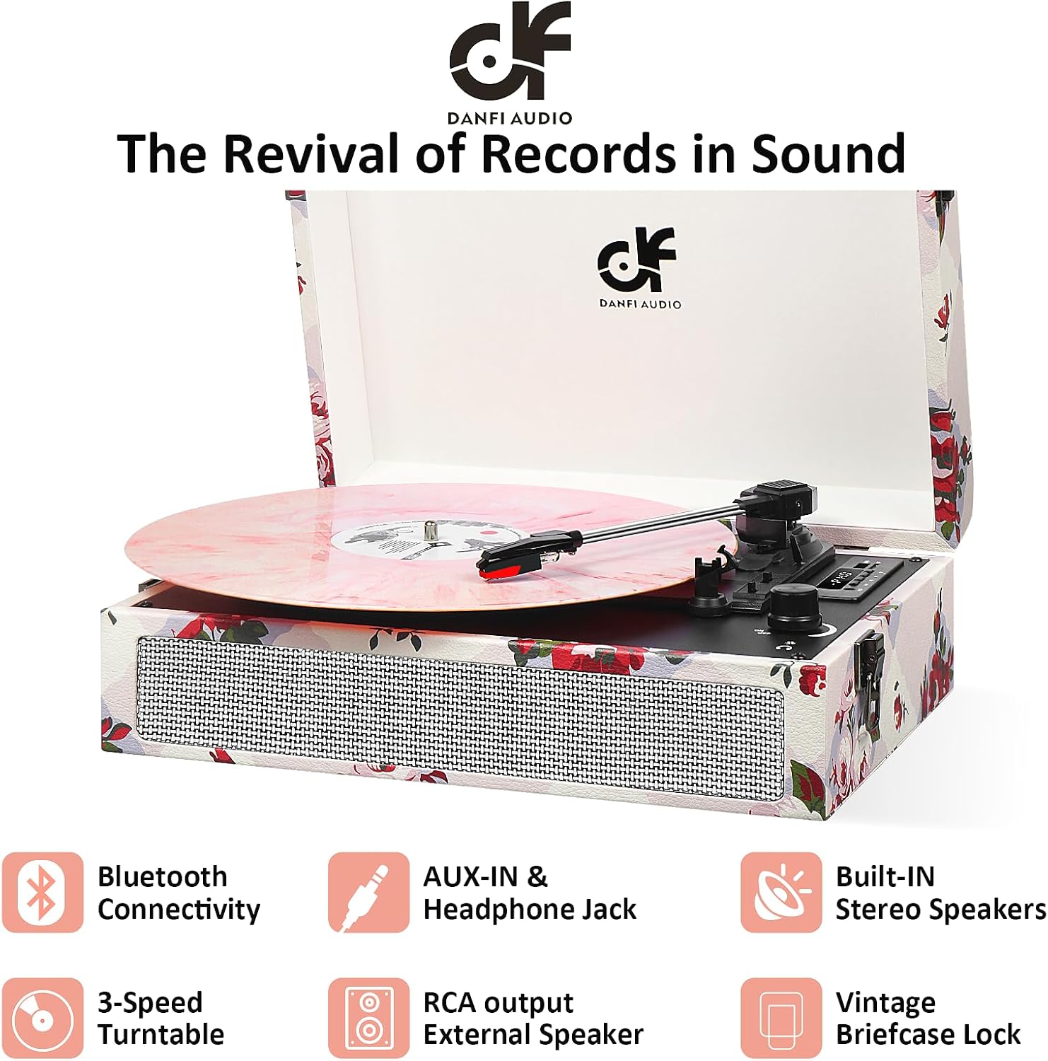 Tocadiscos vintage de 3 velocidades con altavoces integrados, reproductor de discos de vinilo Bluetooth con grabación USB, convertidor de MP3,