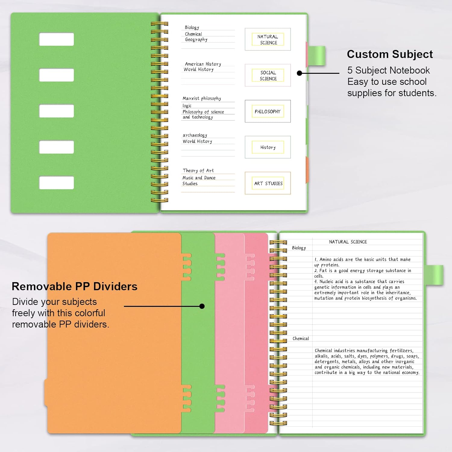ALLTREE – Cuaderno de 5 asignaturas con rayas universitarias, espiral de 5 materias con 4 divisores y pestañas de colores, 200 páginas, suministros
