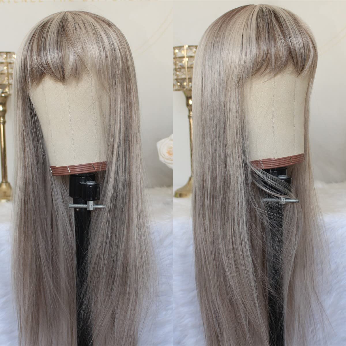 Aisom Peluca sintética larga y recta con flequillo, mezcla de platino marrón y rubio ceniza, pelucas ombré para mujer, peluca con reflejos